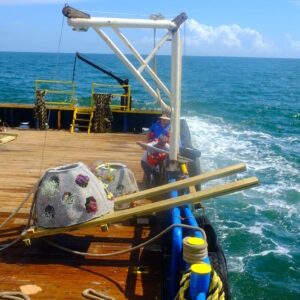 reef balls on a boat about to be lowered into the ocean by crew