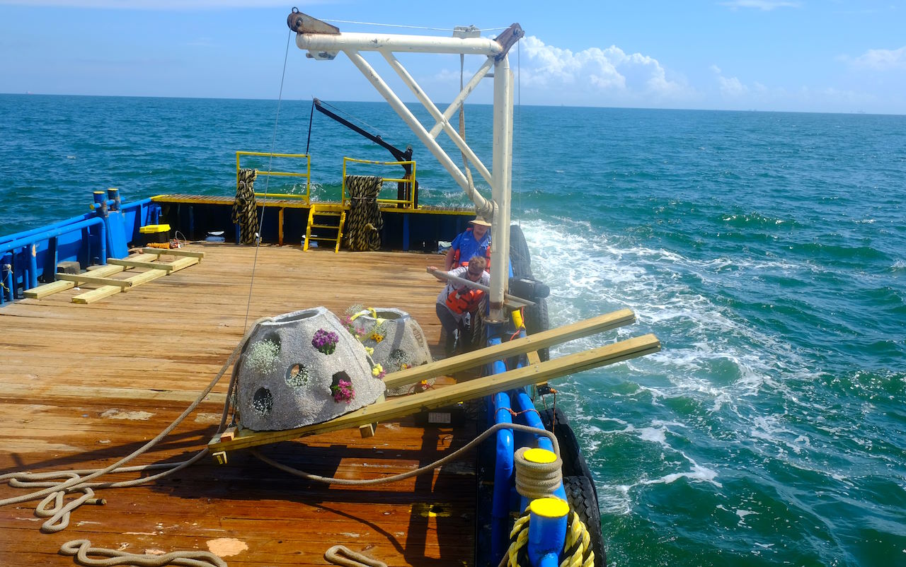 Barge near Galveston, Texas placing reef balls