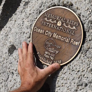 hand touching bronze placard on a new reef ball near Ocean City, NJ